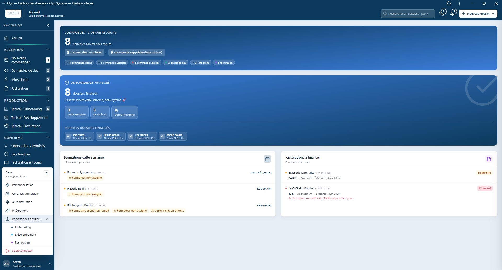 Sous-menu d'import : Onboarding / Développement / Facturation