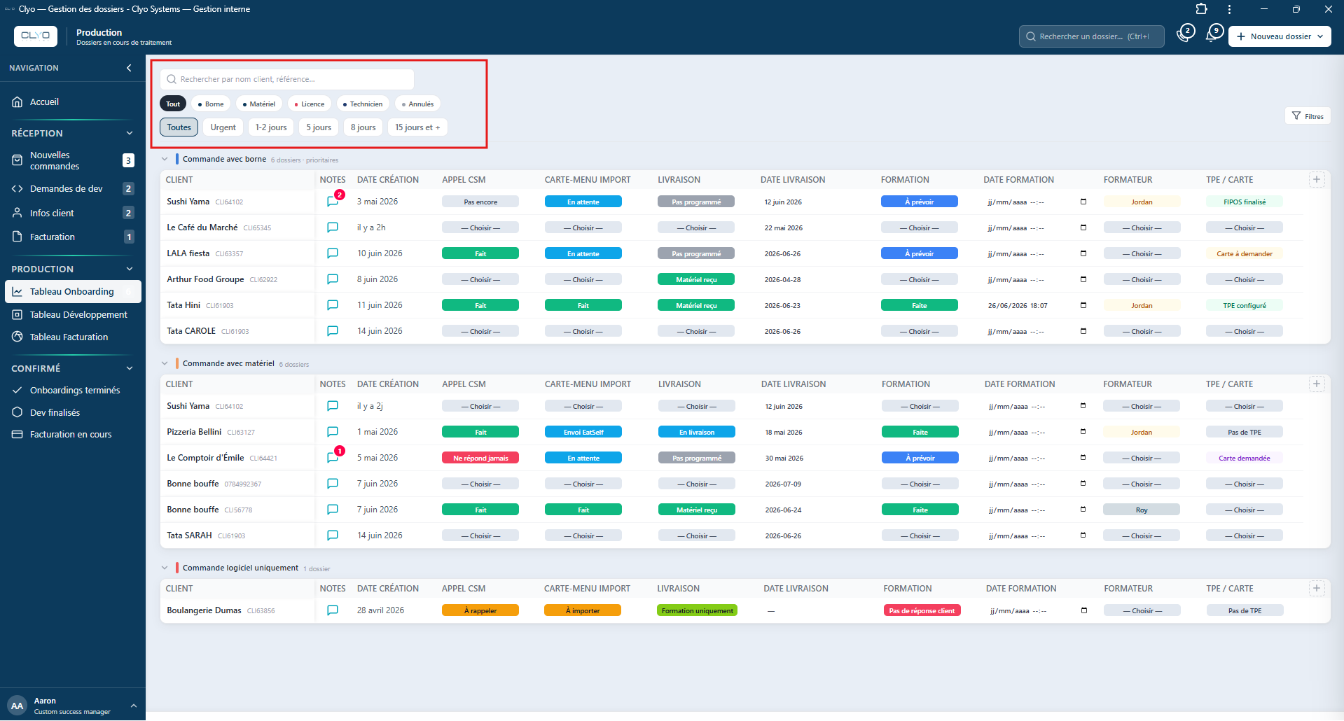 Tableau Onboarding et ses colonnes de statut
