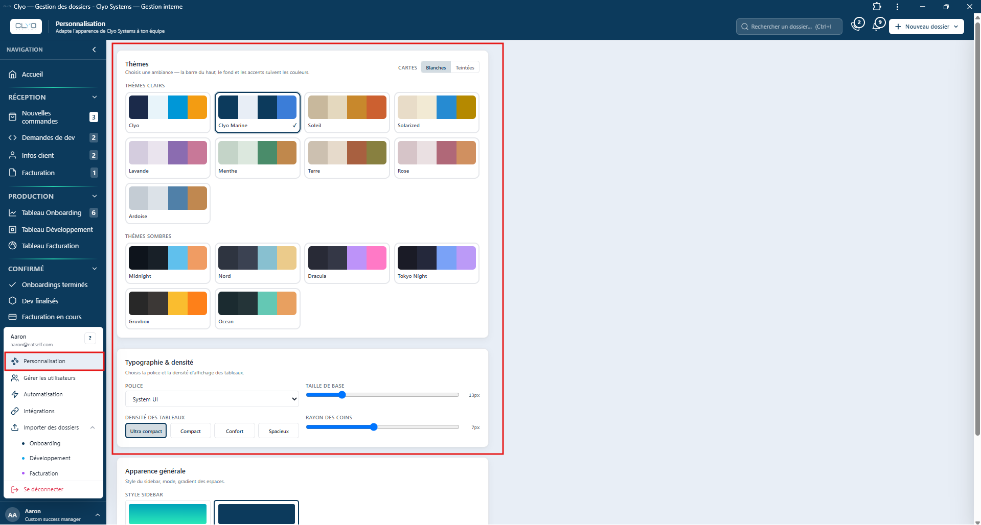 Écran de personnalisation : thèmes et couleurs