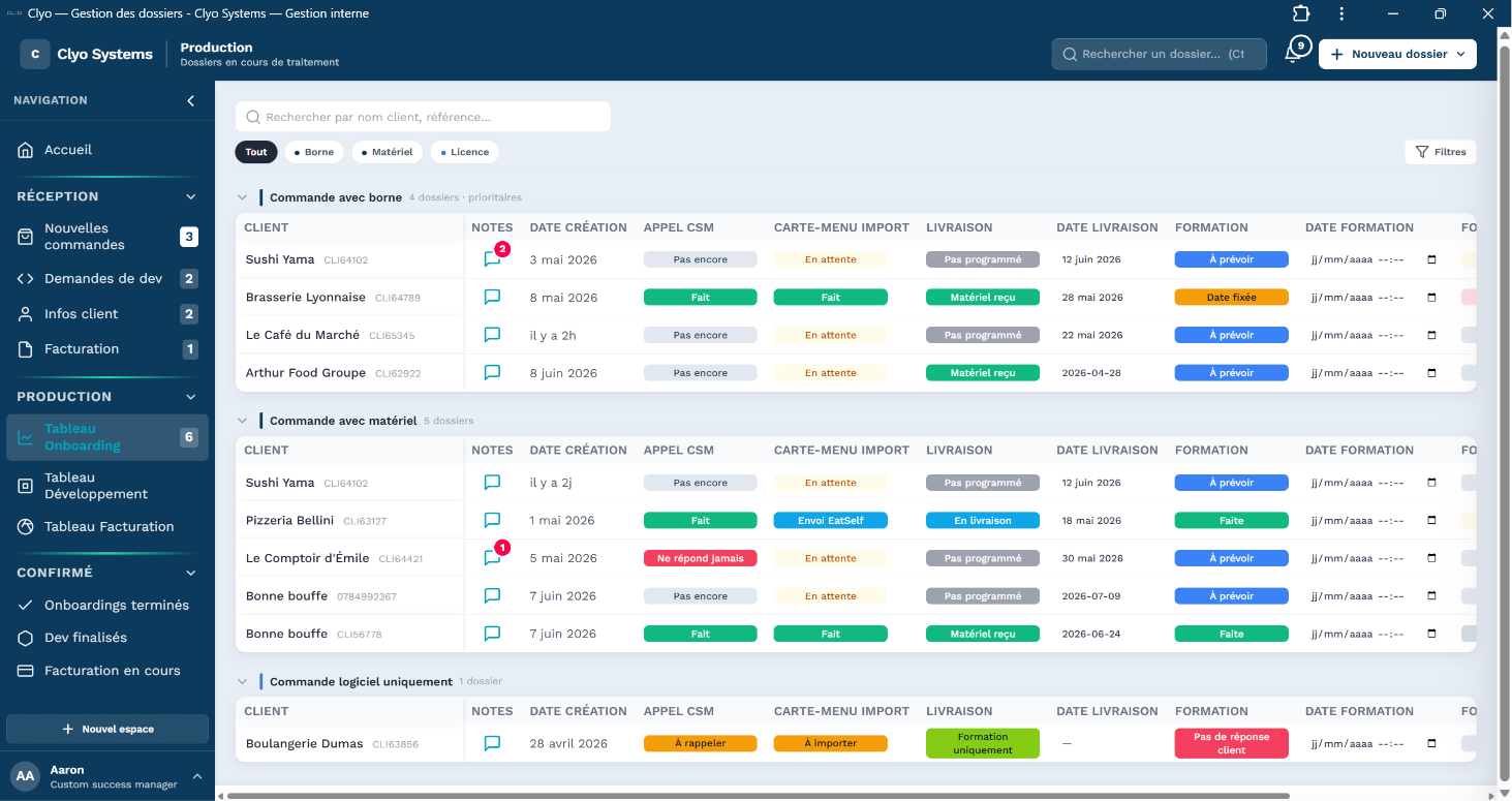 Tableau Onboarding avec colonnes de statut